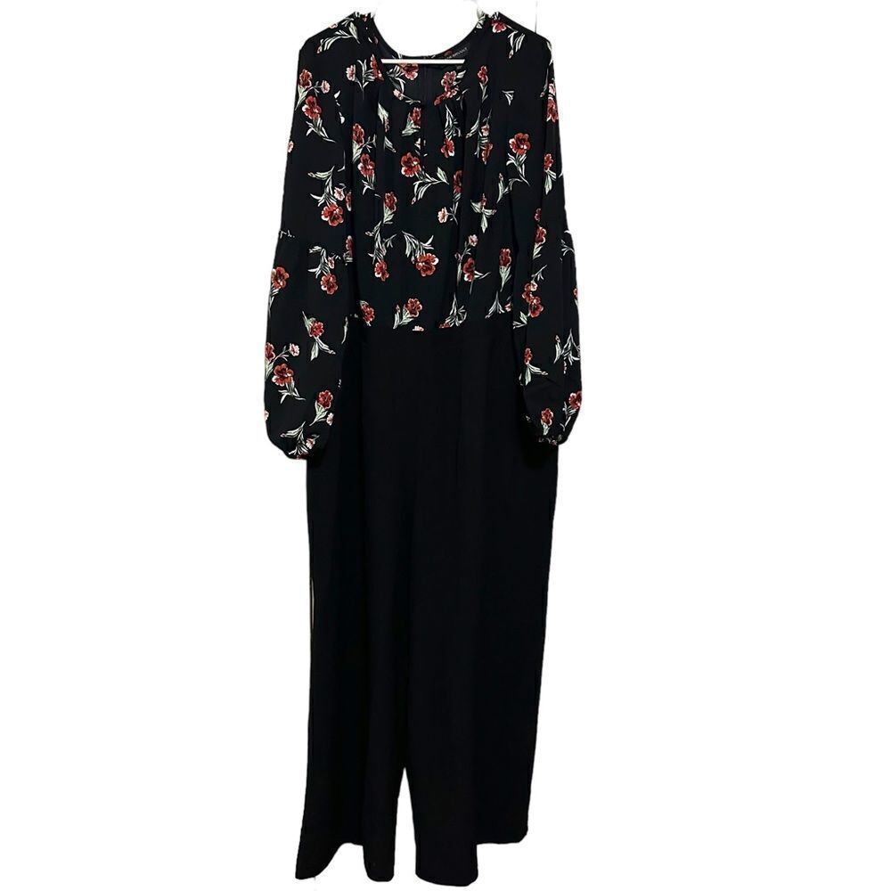 Lane Brynt Black Formal Floral Long Sleeved Wide Leg Full Body Pant Jumpsuit